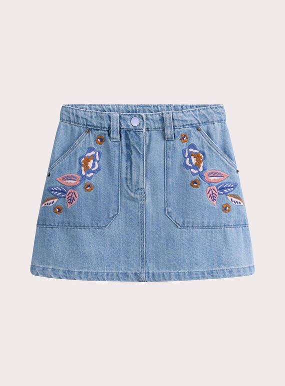 Blue denim skirt with floral embroidery for girls VADAJUP1 / 24W90121JUPP272