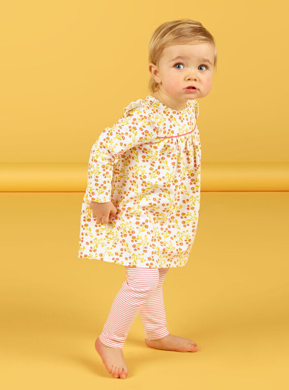 White and yellow dress set with floral print and white and red leggings with baby girl stripes LINAUENS1 / 21SG09L2ENS001