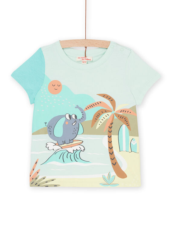 Green T-shirt with elephant surfer and beach motifs RUEXOTI2 / 23SG10V2TMC614