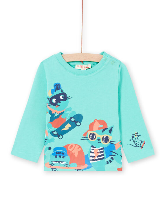 Turquoise t-shirt with skate cats design for baby boy MUTUTEE2 / 21WG10K1TML209