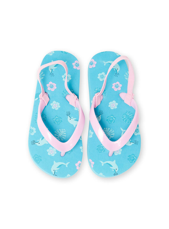 Girl's turquoise dolphin, flower and leaf print flip flops LFTONGMER / 21KK3564D01202