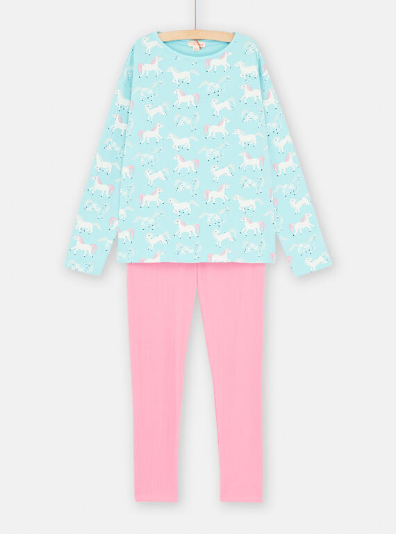 Children's ocean blue and pink pyjamas with unicorn print SEFAPYJPAN / 23WH1144PYJC244