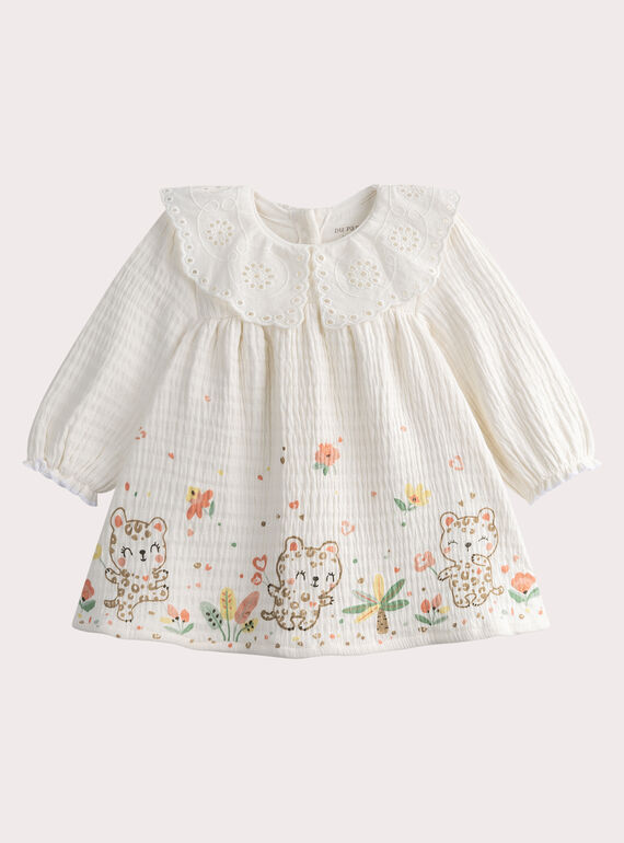 Newborn babies' ecru dress with a broderie anglaise collar WOU1ROB / 25SF0371ROB005