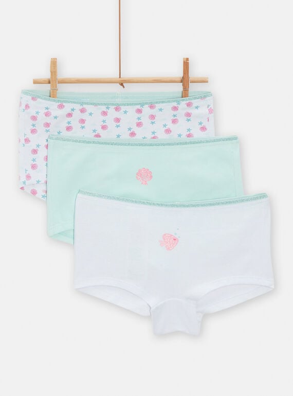Lot of 3 assorted white and water green shortys for girls TEFAHOTFIS / 24SH1163SHY000