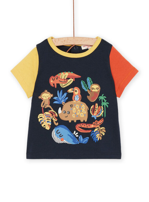 Midnight blue T-shirt with yellow and orange sleeves RUJUNTI1 / 23SG10U2TMC713