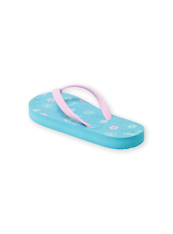 Girl's turquoise dolphin, flower and leaf print flip flops LFTONGMER / 21KK3564D01202