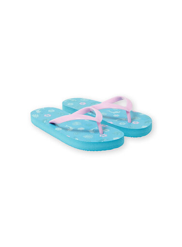 Girl's turquoise dolphin, flower and leaf print flip flops LFTONGMER / 21KK3564D01202