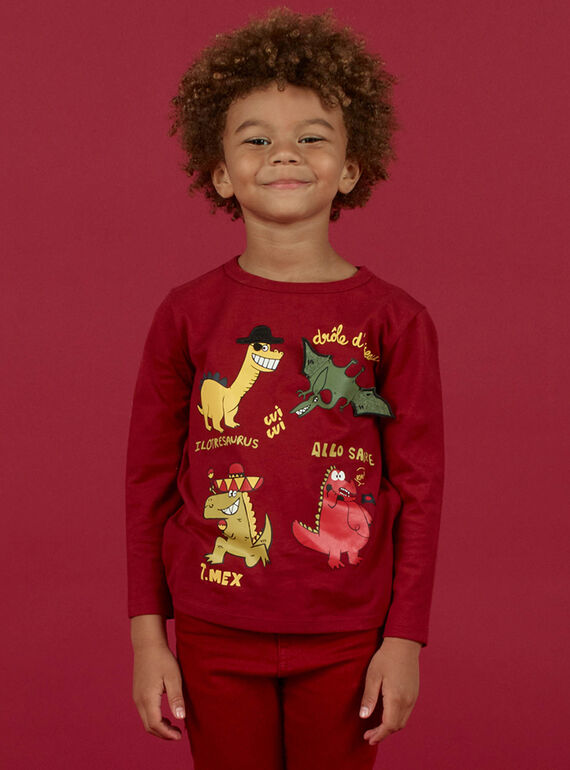 Boy's red long sleeve t-shirt with dinosaur print MOFUNTEE3 / 21W902M2TML511