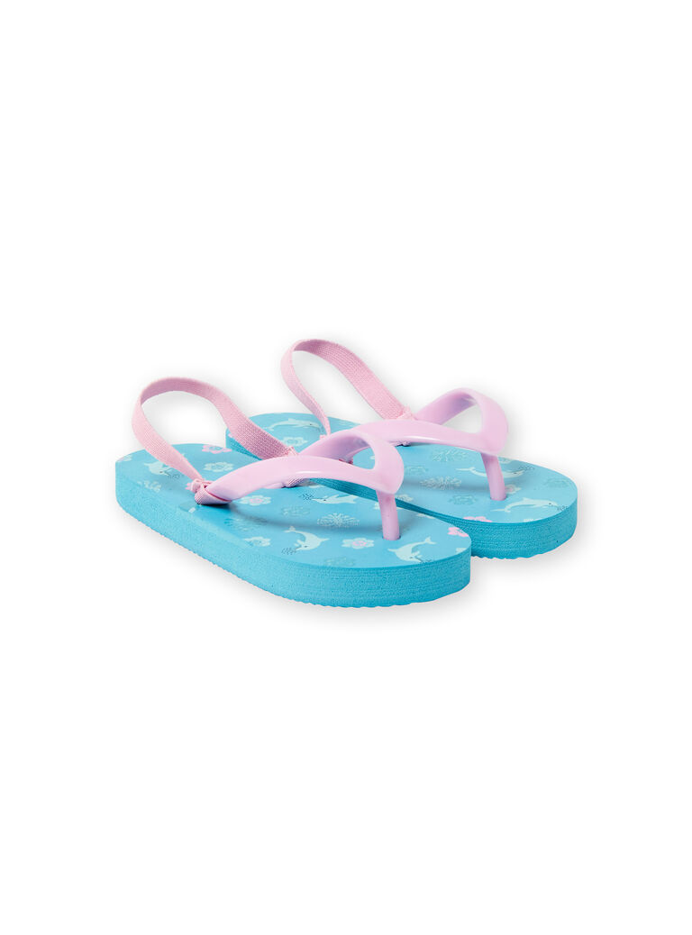 Girl's turquoise dolphin, flower and leaf print flip flops LFTONGMER / 21KK3564D01202