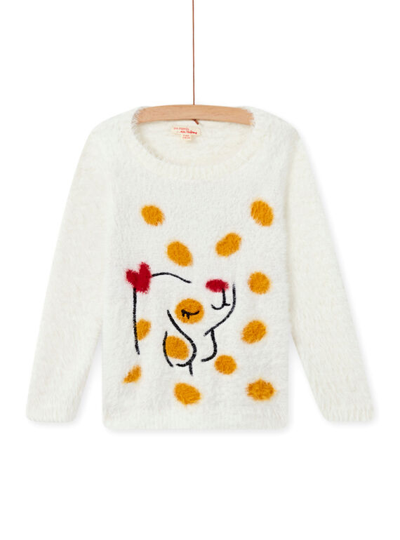 Faux fur sweater in ecru with child girl dog design MAMIXPULL / 21W901J1PUL001