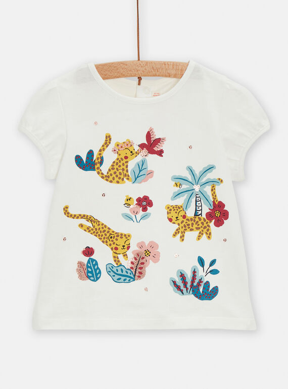 White leopard and flower T-shirt for baby girls TICRITI / 24SG09L1TMC001