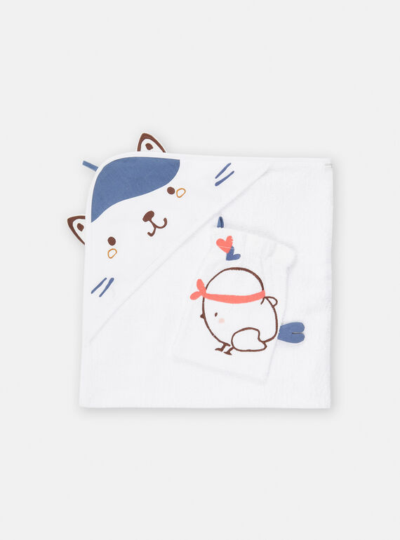 White cat-patterned terry towel and white bird-patterned washcloth TOU1POIN / 24SF42H1POIA001