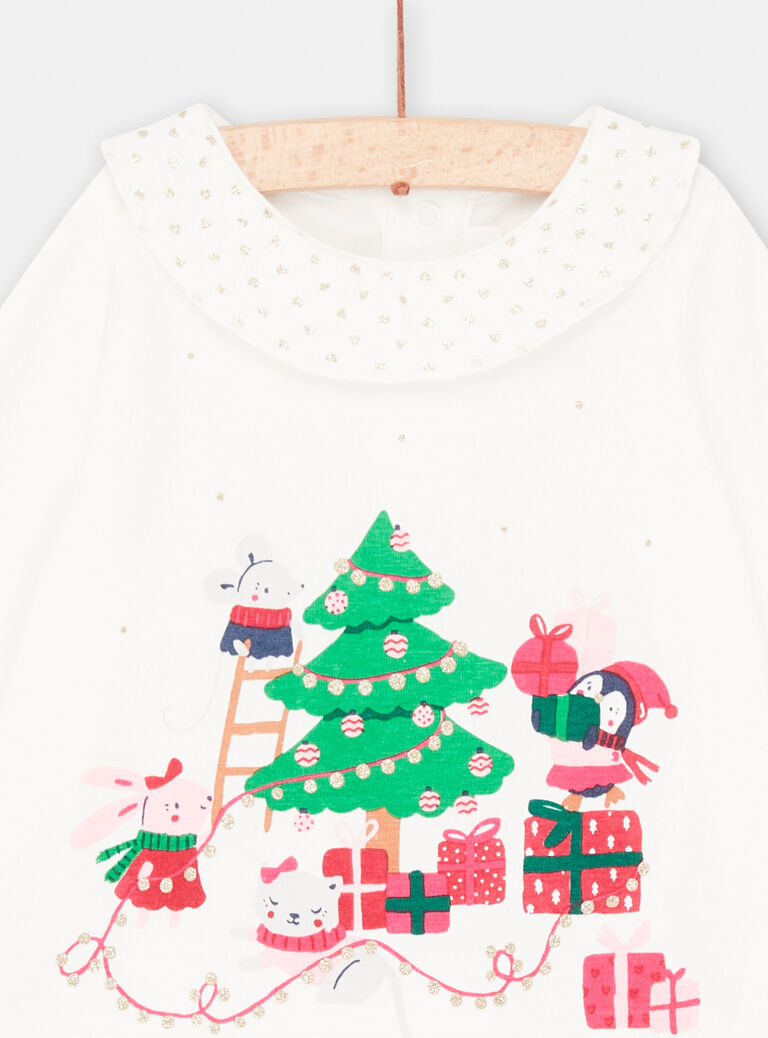 Long-sleeved ecru Christmas T-shirt for baby girl SIWAYBRA / 23WG09S1BRA001