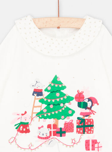 Long-sleeved ecru Christmas T-shirt for baby girl SIWAYBRA / 23WG09S1BRA001