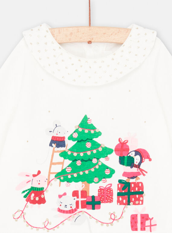 Long-sleeved ecru Christmas T-shirt for baby girl SIWAYBRA / 23WG09S1BRA001