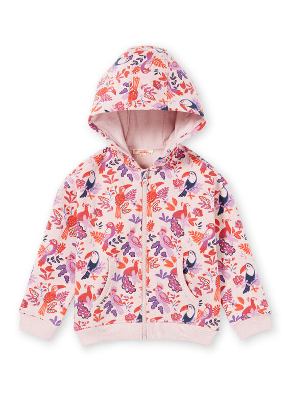 Pink and purple hoodie with parrots and flowers print child girl MAJOHAUJOG3 / 21W90113JGHD314