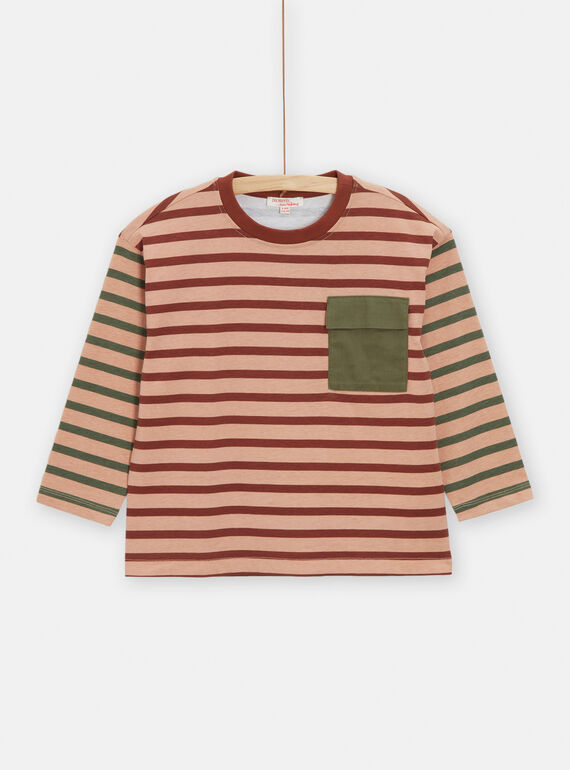 Boy's peach, brown and khaki striped T-shirt TOCRITEE2 / 24S902L2TML413