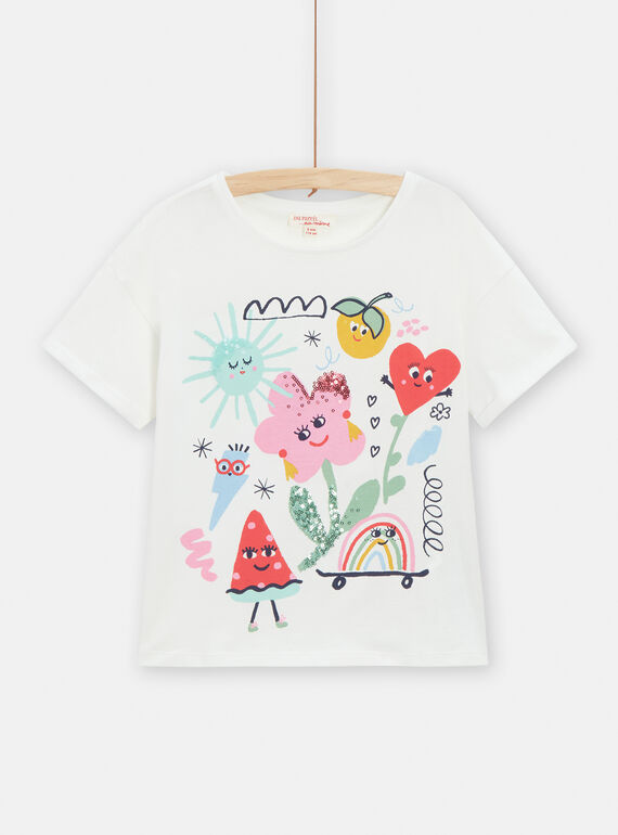 Ecru t-shirt with fancy animation for girls TACLUTI1 / 24S901O4TMC001