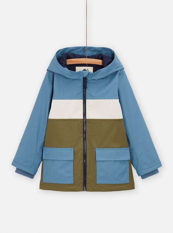 Boy's blue, green and ecru color block hooded waterproof jacket TOGROIMP / 24S902P1IMPC206