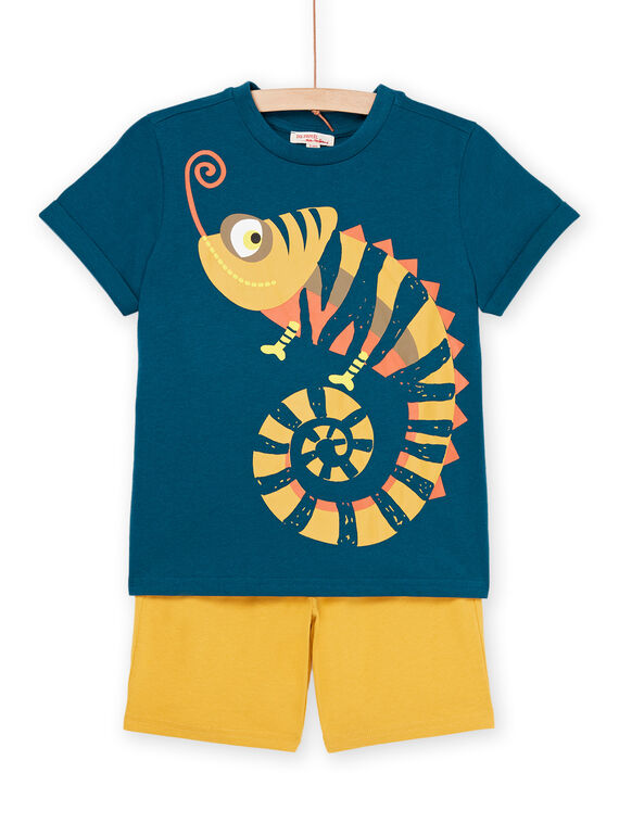 Blue T-shirt with chameleon print and yellow Bermuda shorts ROPLAENS4 / 23S902P2ENSC217