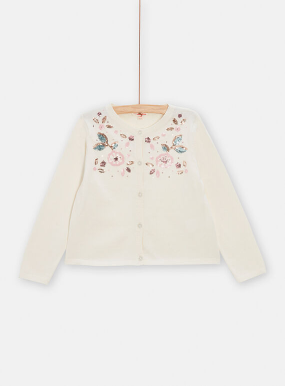 Girls cream cardigan with floral pattern and sequins TAPOCAR / 24S901M1CAR001