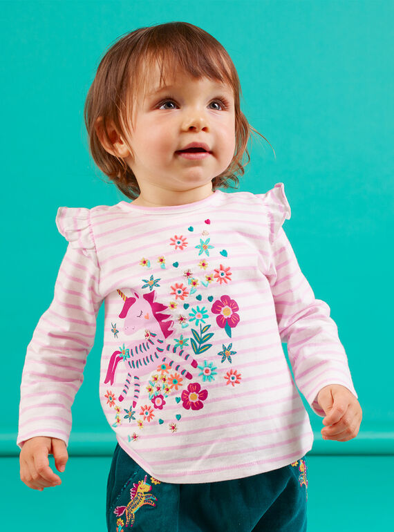 Baby girl lilac striped long sleeve t-shirt with unicorn design MITUTEE1 / 21WG09K1TMLH700