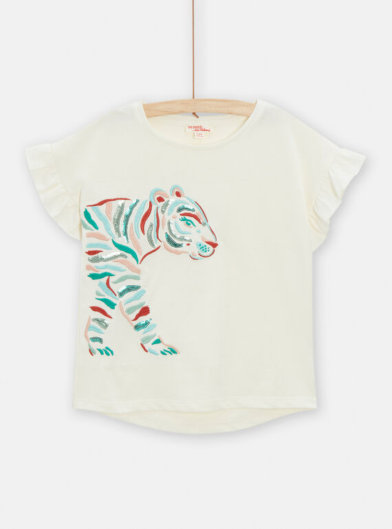 Ecru t-shirt with tiger animation for girls TACOTI4 / 24S901N2TMC001