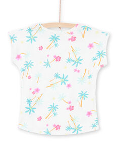 Girl's white and blue t-shirt with palm tree and flower print LAJOTI7 / 21S901F1D31001
