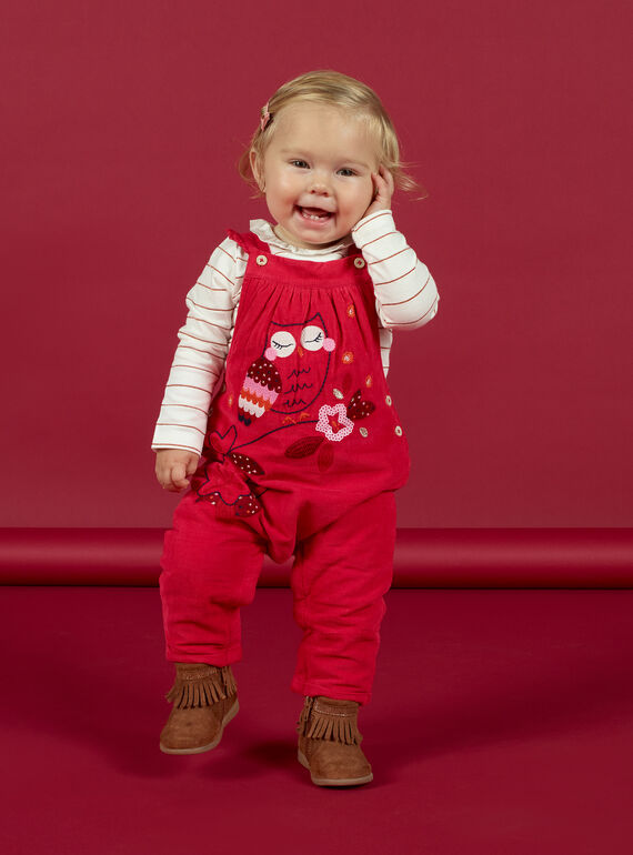 Baby girl vintage pink dungarees with owl and flower motifs MIFUNSAL / 21WG09M1SALD332