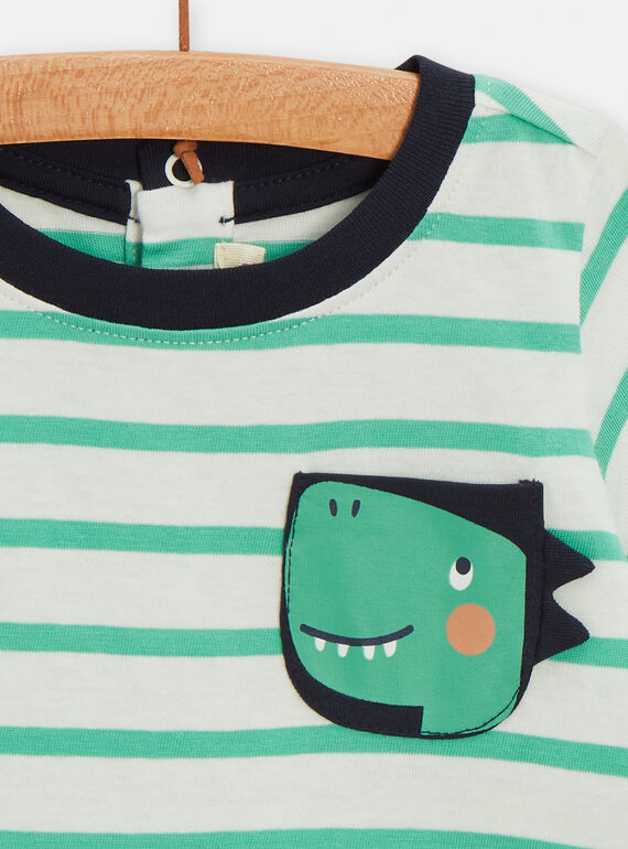 Ecru and green striped t-shirt with dinosaur animation for baby boys TUJOTI3 / 24SG10D3TMC003