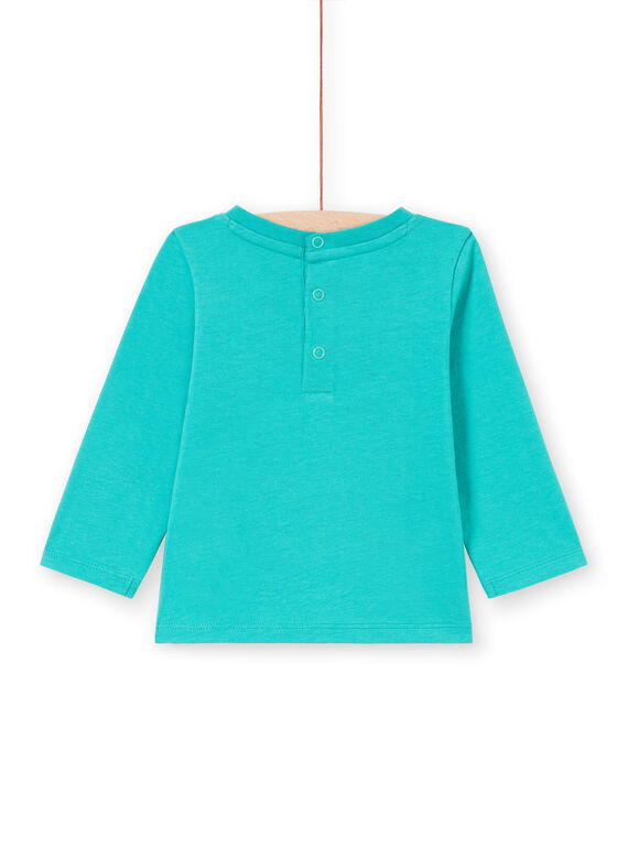 Turquoise long sleeve t-shirt with skater cat design for baby boy MUTUTEE1 / 21WG10K2TMLC217