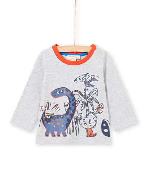 Baby boy's grey t-shirt with long sleeves and dinosaur print MUPATEE3 / 21WG10H2TML943
