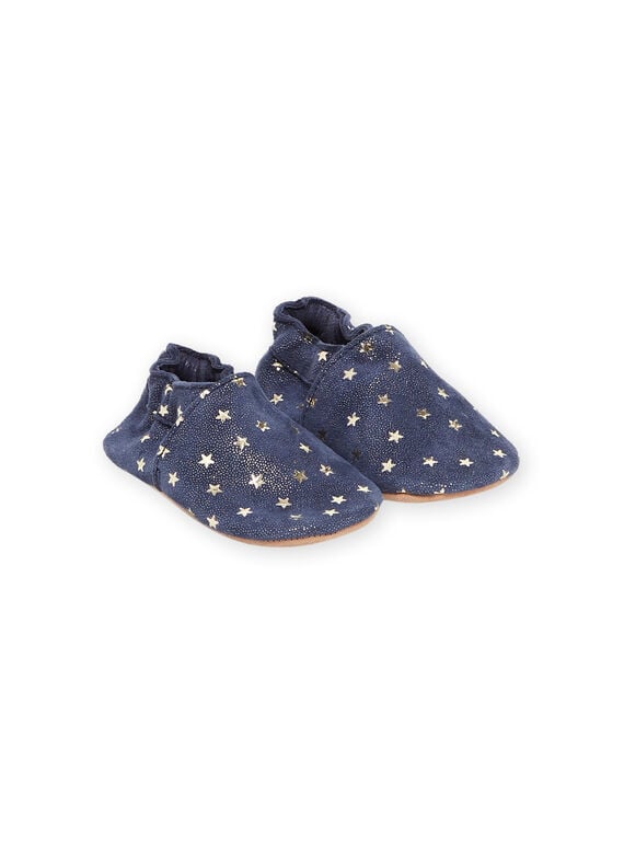 Baby girl blue soft leather slippers with star print MICHOETOILE / 21XK3722D3SC201