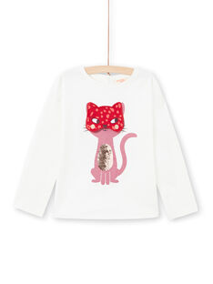 Girl's ecru long-sleeved t-shirt with masked cat animation MAFUNTEE2 / 21W901M2TML001