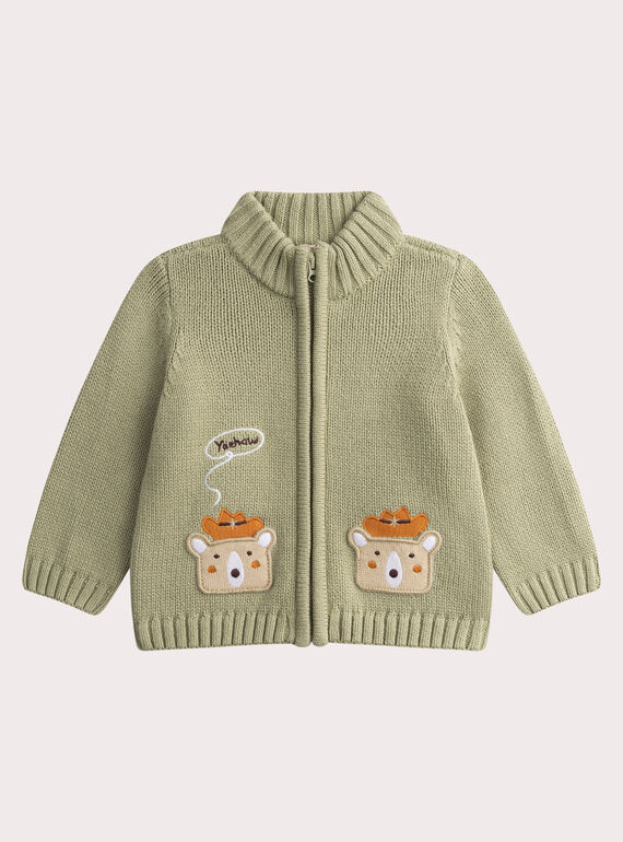 Baby boys' khaki bear cardigan WULANGIL / 25SG1042GIL626