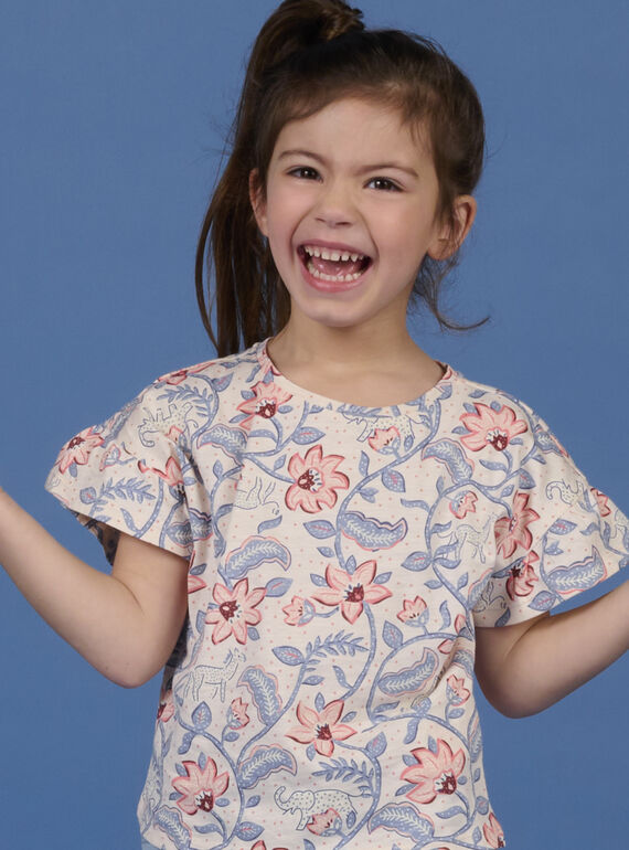 Child girl's cream, blue and pink short sleeve T-shirt NASANTI1 / 22S901S4TMCA002