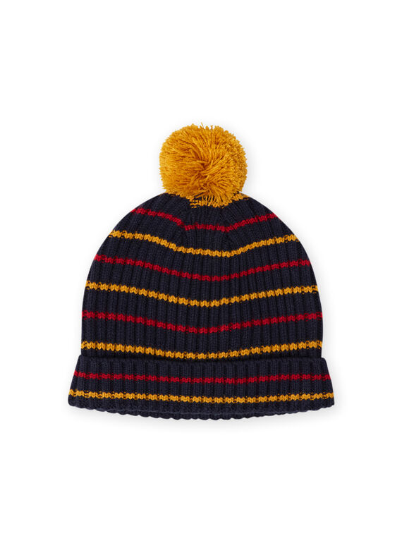 Boy's midnight blue, yellow and red striped beanie with pompom MYOGROBON2 / 21WI0254BON705
