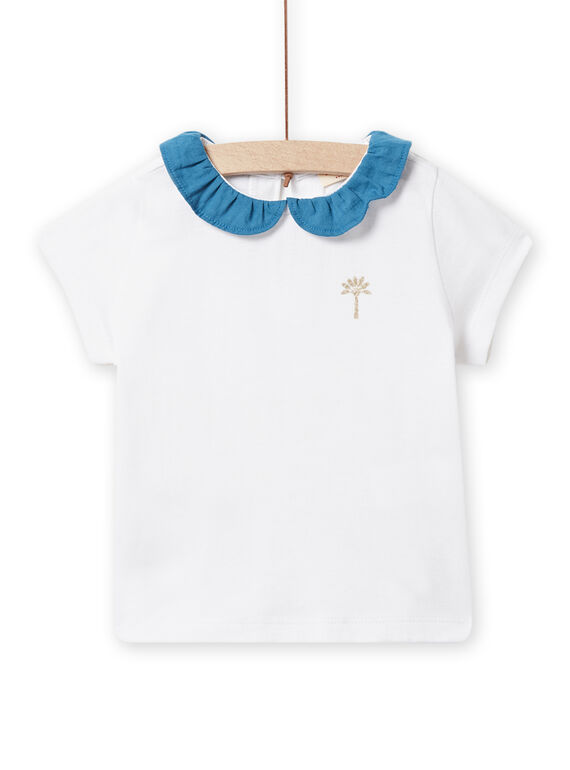 Ecru t-shirt with petrol blue ruffled collar baby girl NIJOBRA6 / 22SG09C4BRA000