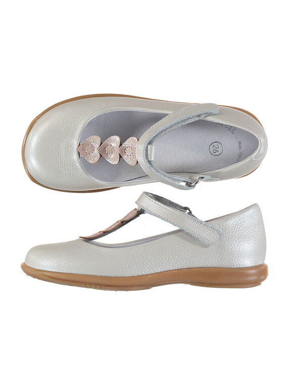 Girls' smart pearlised leather T-bar shoes FFSALCOEUR / 19SK3541D13000