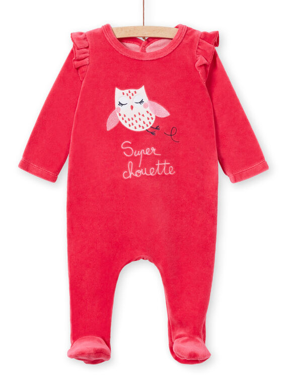 Girl's pink velvet sleep suit with owl pattern LEFIGRETYP / 21SH135AGRED332