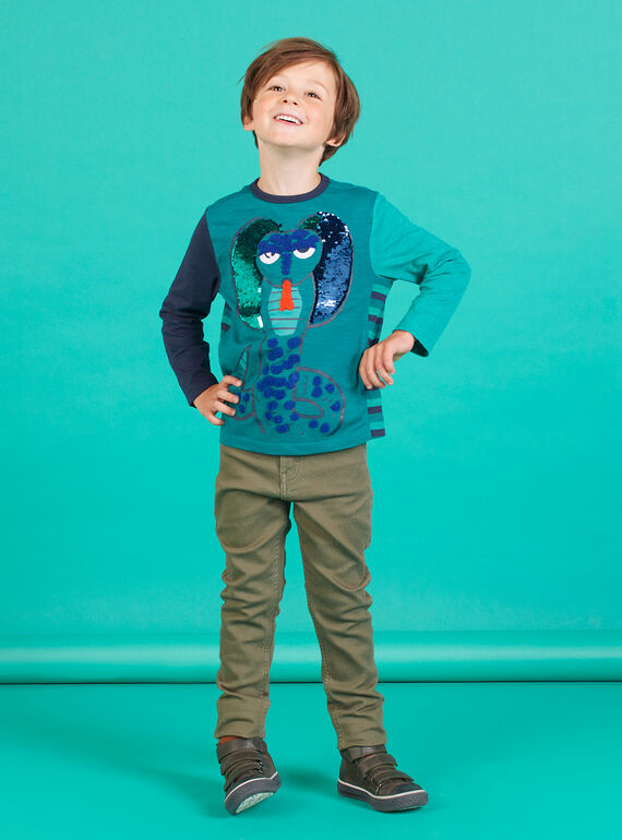 Turquoise blue T-shirt child boy with reversible sequins MOTUTEE1 / 21W902K5TML714