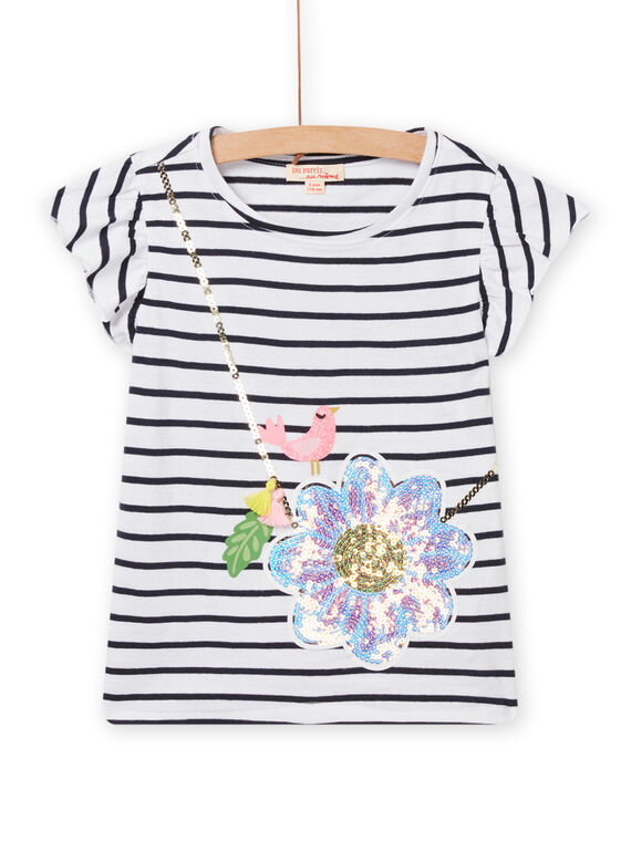 Child girl's ecru striped animation T-shirt with flower bag NASOTI3 / 22S901Q3TMC001