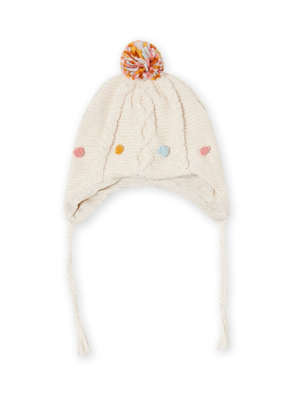 Baby girl's ecru knitted hat with colored pompoms MYISAUBON2 / 21WI0953BONA010