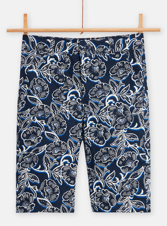 Boys' navy blue flower-print Bermuda shorts TOPABER1 / 24S90221BER705