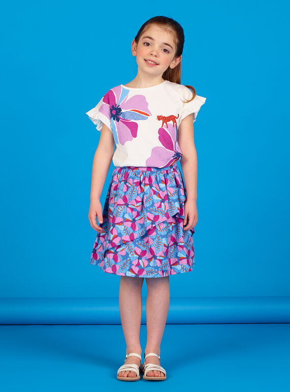 Lavender blue and pink skirt with floral print and Lurex® stripes in cotton LABLEJUP1 / 21S901J1JUPC208