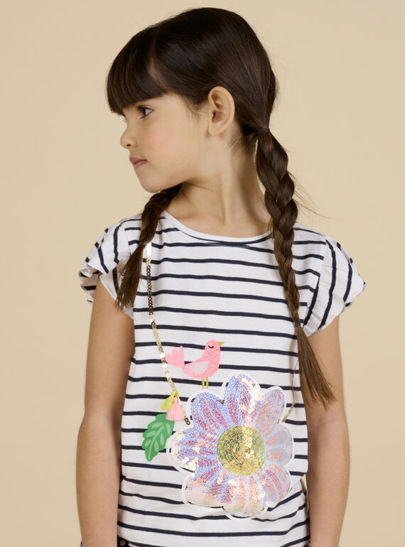 Child girl's ecru striped animation T-shirt with flower bag NASOTI3 / 22S901Q3TMC001