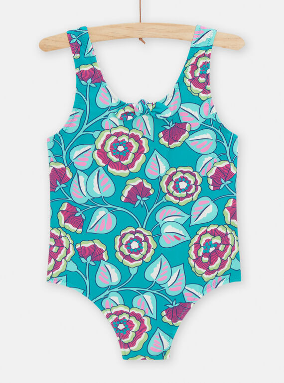 Girl's 1-piece turquoise floral print swimsuit TYAMER3 / 24SI01G6MAI202