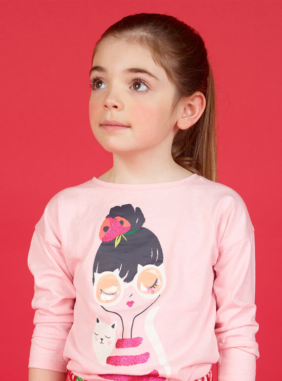 Long sleeve t-shirt with little girl and cat print LAROUTEE1 / 21S901K1TMLD326