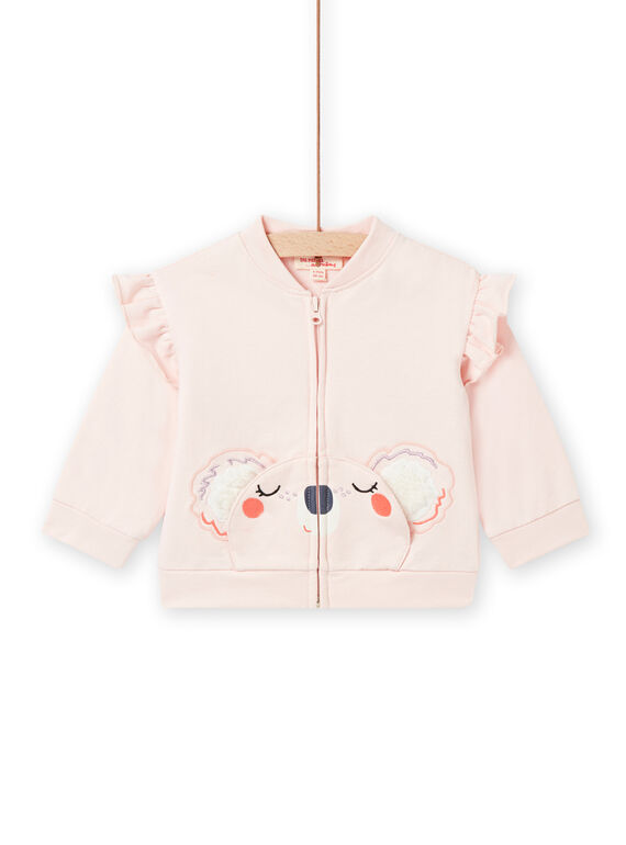 Baby girl pink cardigan with koala and ruffle details NIMOCAR2 / 22SG09N2CARD327
