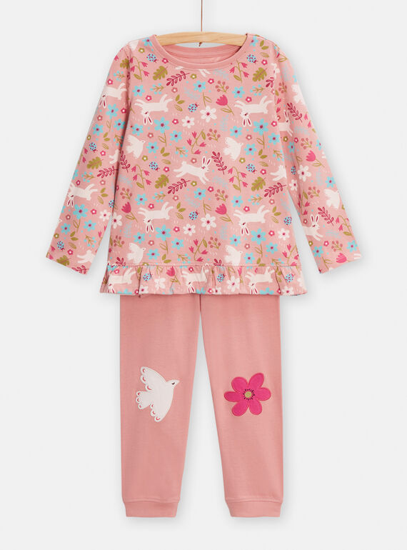 Pink pyjamas with bunnies, flowers and bird print for girls TEFAPYJRAB / 24SH1149PYJD319